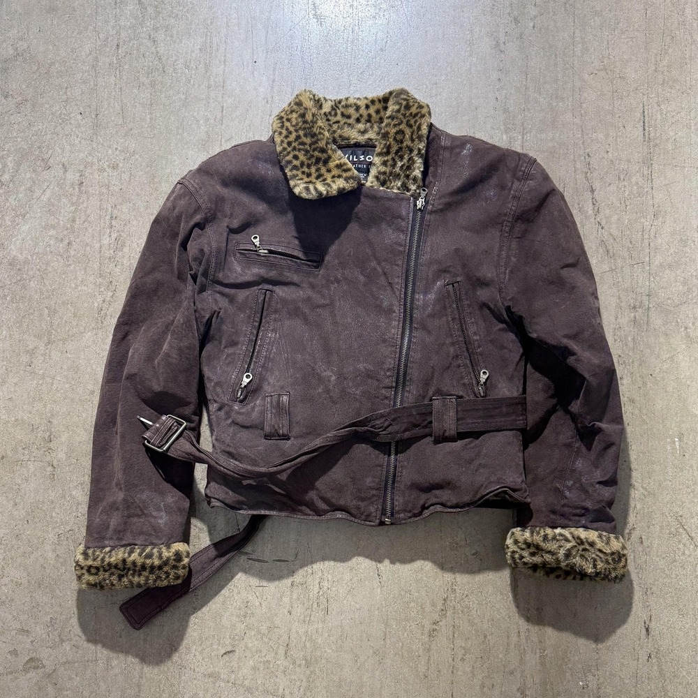 Wilsons Leather Jacket Womens Medium Brown Suede Faux Fur Biker Belted Leopard